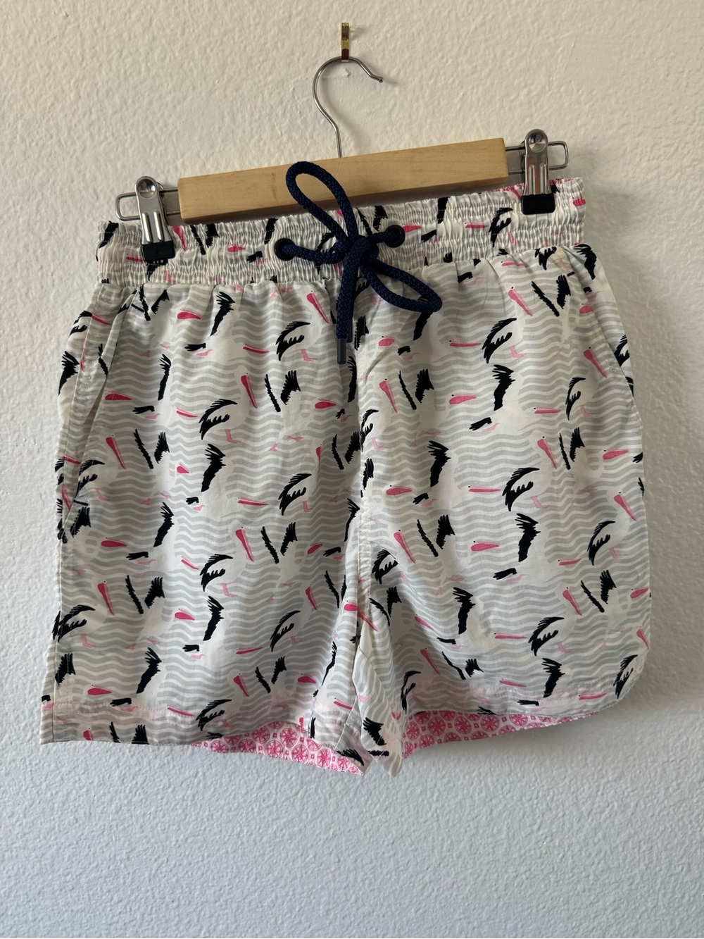 White Pelican Patterned Swim Shorts with Black & Pink Accents